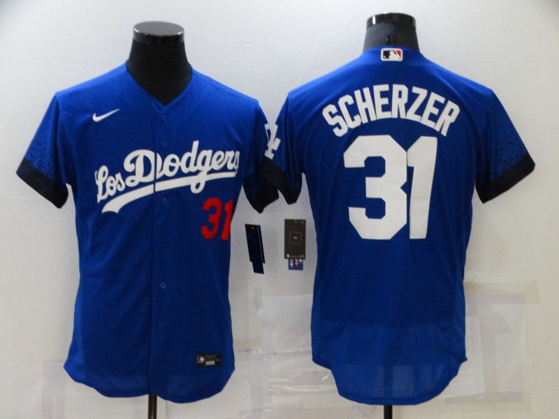Men Los Angeles Dodgers 31 Scherzer Blue City Edition Elite Nike 2021 MLB Jersey